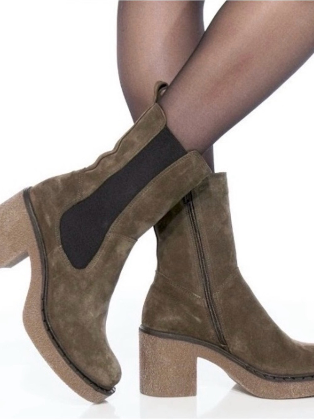 Suede Chunky Heel Bueno Chelsea Boots - Olive Green